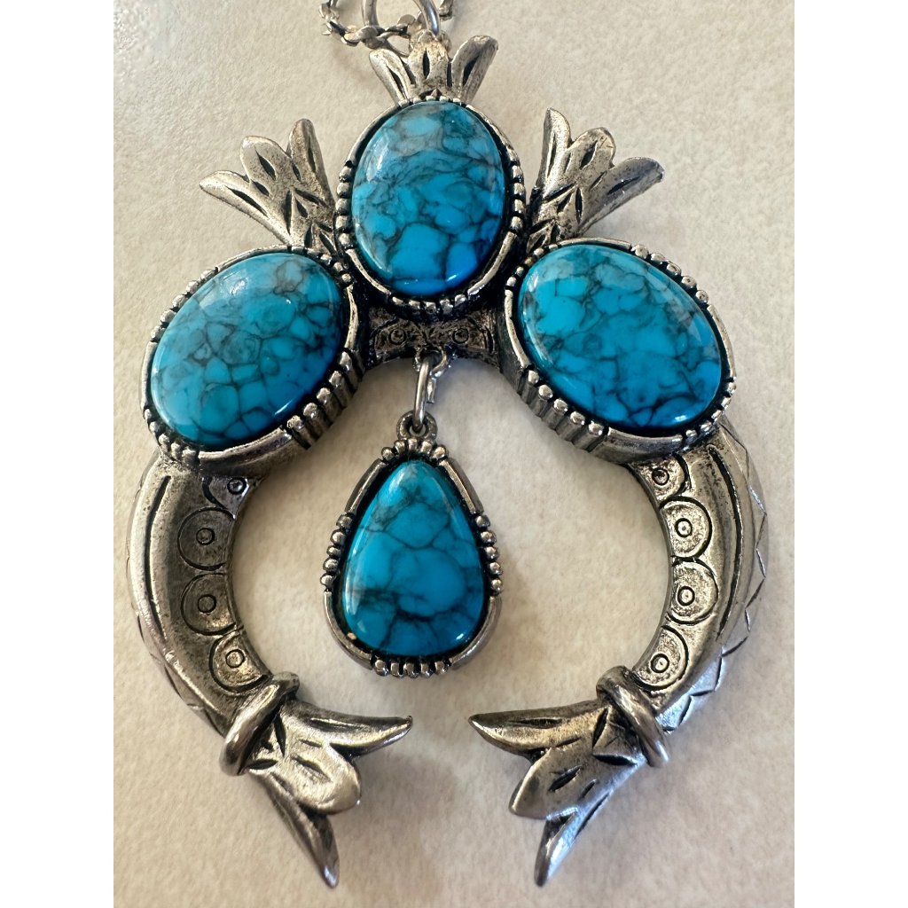Art Signed Vintage Silver Tone Faux Turquoise Blue Squash Blossom Necklace 60$